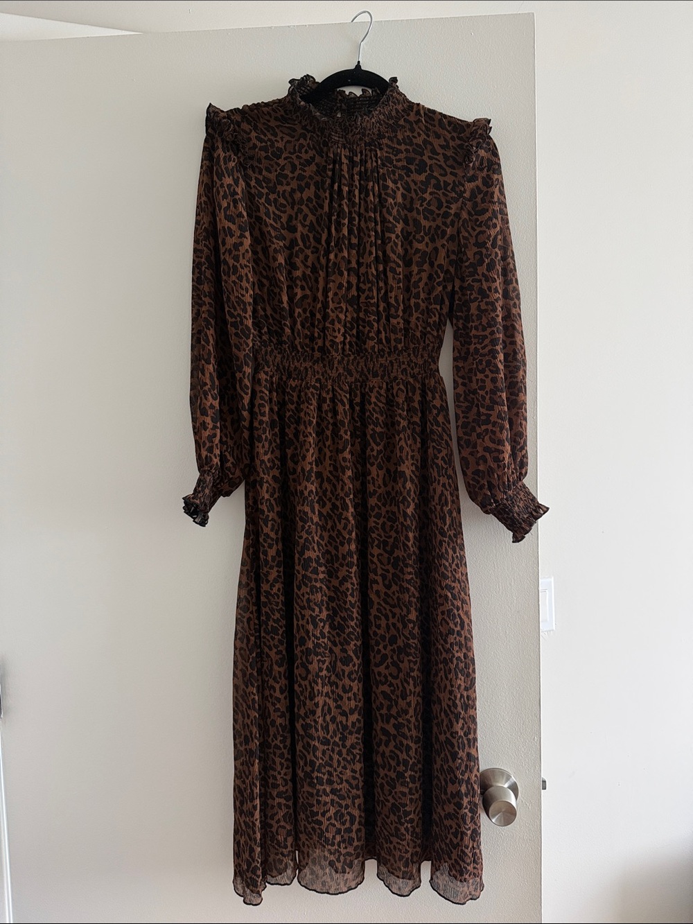 Zara Brown Leopard Print Long Sleeve Midi Dress